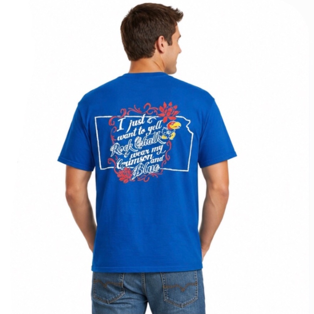 Kansas Jayhawks T Shirt Size XL Blue Front & Back Logo 100% Cotton Tee New